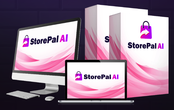 StorePal AI product display showcasing the software on desktop, laptop, and retail packaging for a professional eCommerce experience.