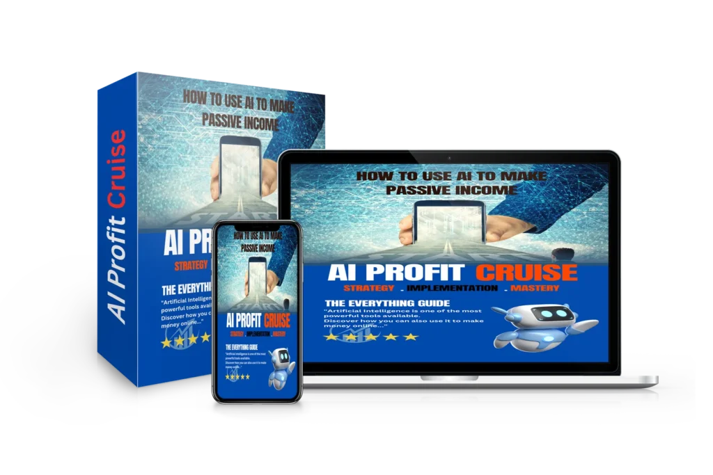 Comprehensive AI Profit Cruise course, including laptop, tablet, and smartphone visuals for maximizing online efficiency.