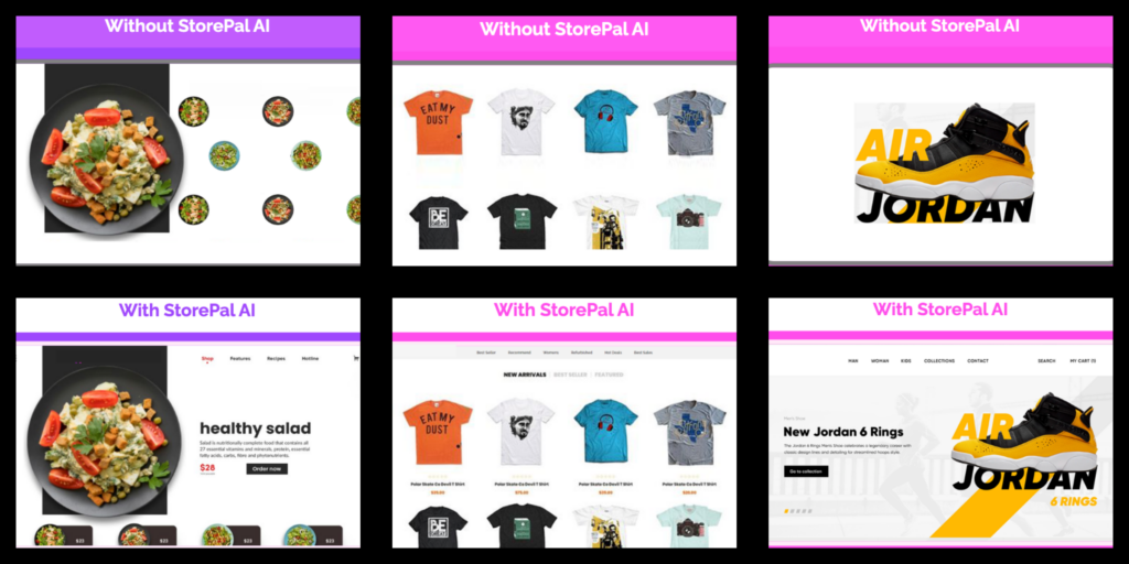 Comparison of eCommerce stores created with and without StorePal AI, highlighting visually improved and optimized store designs.