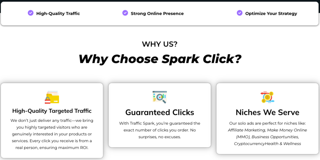 An informative banner highlighting the benefits of Spark Click. Features include high-quality traffic, guaranteed clicks, and services tailored to niches such as affiliate marketing, business opportunities, and health and wellness.