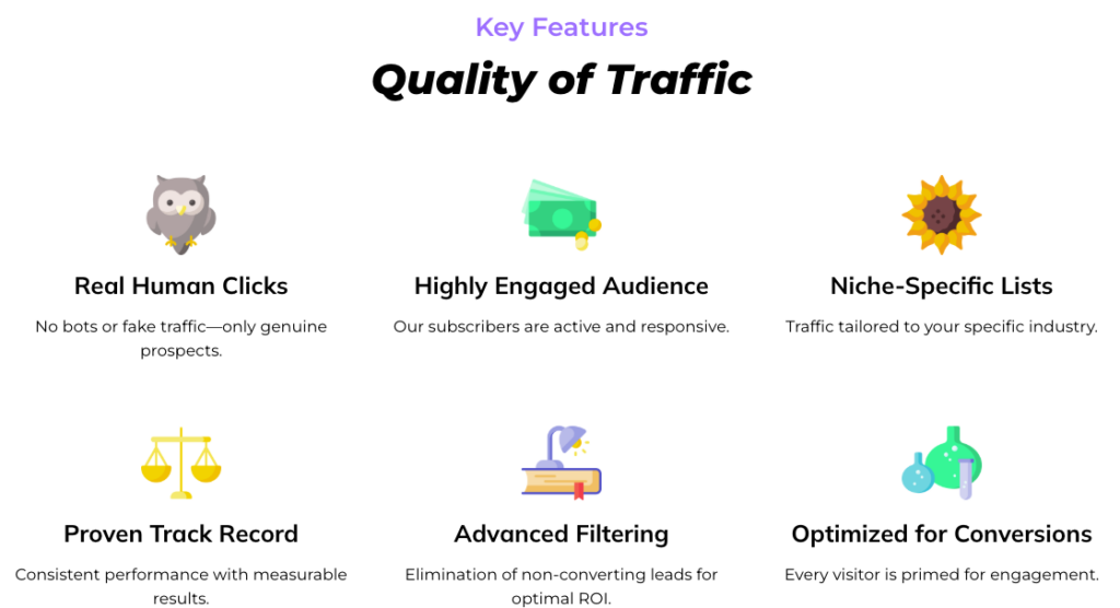 Key features of Spark Click’s traffic services, emphasizing real human clicks, highly engaged audiences, niche-specific lists, proven track records, advanced filtering, and optimization for conversions.