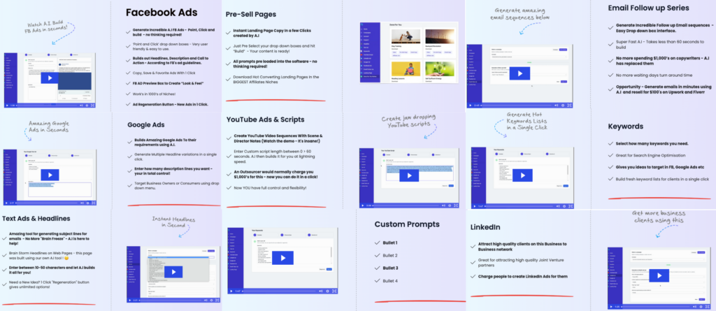 Comprehensive overview of Ultimate Affiliate AI features, including Facebook ads, Google ads, YouTube scripts, email sequences, and more, showcasing its versatility and ease of use.