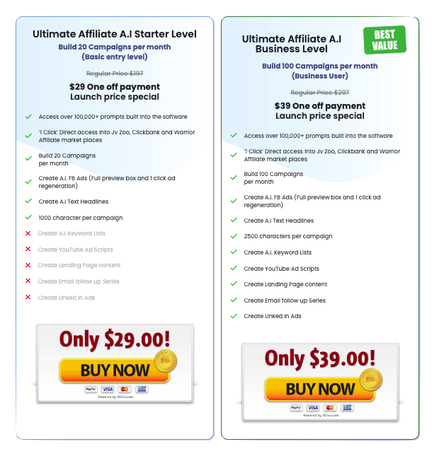 Pricing chart for Ultimate Affiliate AI, displaying the features of Starter Level and Business Level plans with corresponding one-time payment options.