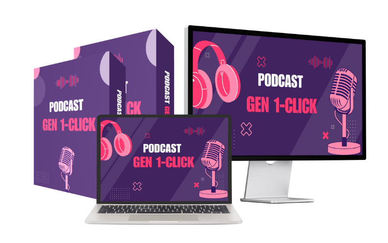 Podcast Gen 1-Click! software displayed on multiple screens, highlighting its role as one of the most efficient podcast tools for creating high-quality audio content.